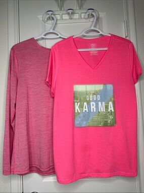 Athletic Works Bright Pink Good Karma V-Neck Tee and Striped Long Sleeve Bundle